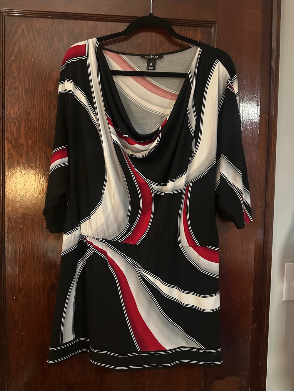 White House Black Market Black Red White Draped Neck Blouse